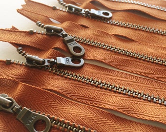 Metal Teeth Zippers- YKK Antique Brass Donut Pull Number 4.5s- 5 pc Rust Orange #102- Available in 4,5,6,7,8,9,10,11,12, 14 and 18 inches
