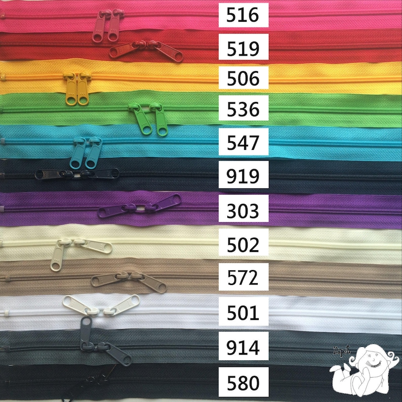 May include: A close-up of a variety of zipper pulls in different colors, including pink, red, yellow, green, blue, purple, beige, white, and black. The zipper pulls are labeled with numbers, including 516, 519, 506, 536, 547, 919, 303, 502, 572, 501, 914, and 580.