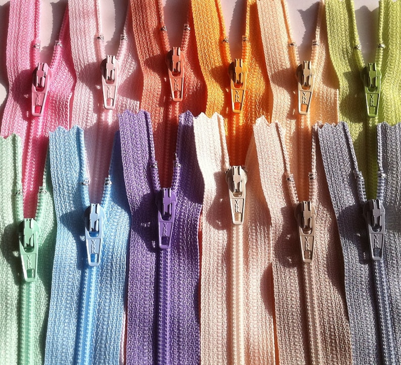 Ykk Zippers PASTEL Sampler Pack 12pcs Light pretty colors Available in 3,4,5,6,7,8,9,10,12,14,16,18 and 22 Inches image 1