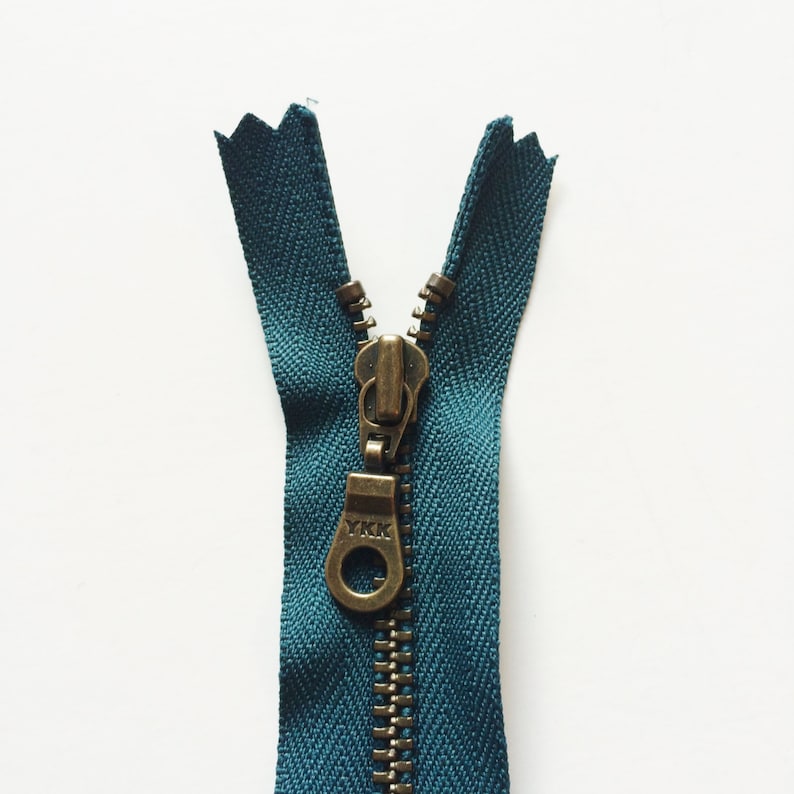 YKK Metal Teeth Zippers Dark Teal Color 390 Antique Brass Donut Pull 5 Pieces Available in 7,9,10,11, and 14 Inches image 2