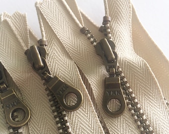 YKK Antique Brass Metal Donut Pull Zippers - (5) Pieces - Khaki 010- Currently available in 7,8,9,10,11 and 14 inches