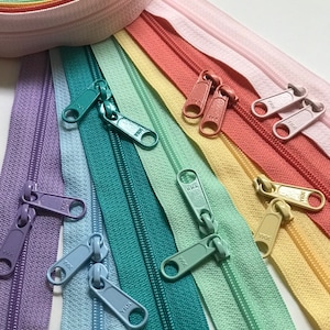 YKK Zipper Long Pull Pastel Sampler Pack- Available in 18 and 30 inch double OR  9, 12, 14, 16, 18 or 24 inch single pull- 7pcs