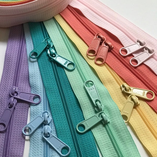 Lot d'échantillons pastel YKK avec fermeture à glissière longue - Disponible en 18 et 30 pouces double ou 9, 12, 14, 16, 18 ou 24 pouces simple - 7 pièces