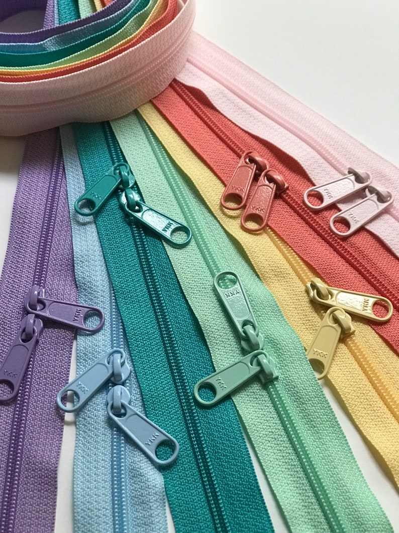 YKK Zipper Long Pull Pastel Sampler Pack Available in 18 and 30 inch double OR 9, 12, 14, 16, 18 or 24 inch single pull 7pcs image 1