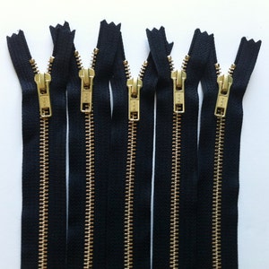 NUMBER 5s -Brass Zippers- closed bottom ykk gold metal teeth 5mm- (5) pieces - Black 580- Available in 5,6,7,9,12, and 20 Inches
