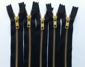 NUMBER 5s -Brass Zippers- closed bottom ykk gold metal teeth 5mm- (5) pieces - Black 580- Available in 5,6,7,8,9,12, and 20 Inches