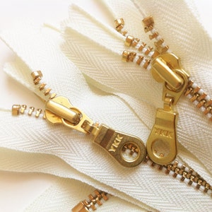 YKK Metal Teeth Zippers- Off White Ivory Brass with Donut Pull- 5 Pcs Color 502- Available in 4,5,6,7,8,9,10,12,14,16, 18, 20,22 or 30 Inch