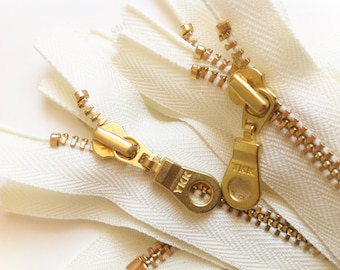 YKK Metal Teeth Zippers- Off White Ivory Brass with Donut Pull- 5 Pcs Color 502- Available in 4,5,6,7,8,9,10,12,14,16, 18, 20,22 or 30 Inch