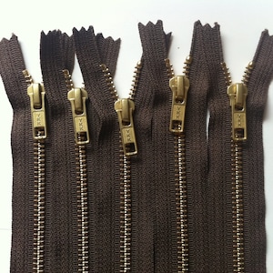 NUMBER 5s -Brass Zippers- closed bottom ykk gold colored metal teeth zips 5mm- (5) pieces - Chocolate 009- available in 7,12 and 20 inches