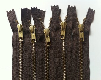 NUMBER 5s -Brass Zippers- closed bottom ykk gold colored metal teeth zips 5mm- (5) pieces - Chocolate 009- available in 7,12 and 20 inches