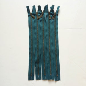 YKK Metal Teeth Zippers Dark Teal Color 390 Antique Brass Donut Pull 5 Pieces Available in 7,9,10,11, and 14 Inches image 4