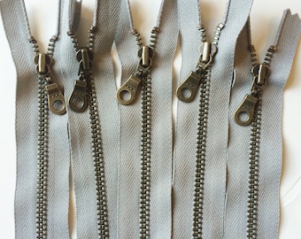 YKK Metal Teeth Zippers- Wet Cement Grey Antique Brass Donut Pull Color 225- 5 Pieces- Available in 9,11, or 14 Inch