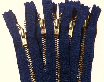 Brass Zippers- 14 inch closed bottom ykk gold colored metal teeth zips- (5) pieces - Navy 919