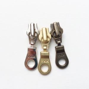 Zipper Heads- Sliders with Pulls- YKK Brand 4.5mm Donut Style Pulls- 5pcs- Available in brass, nickel and antique brass
