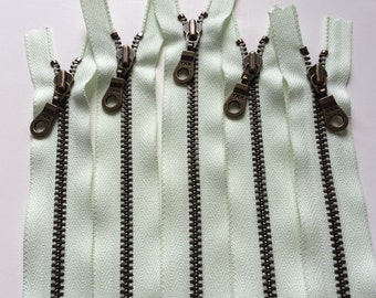 YKK Metal Teeth Zippers- Light Mint  Antique Brass Donut Pull- Available in 9,11, and 14 Inch- 5 Pieces- Color 184