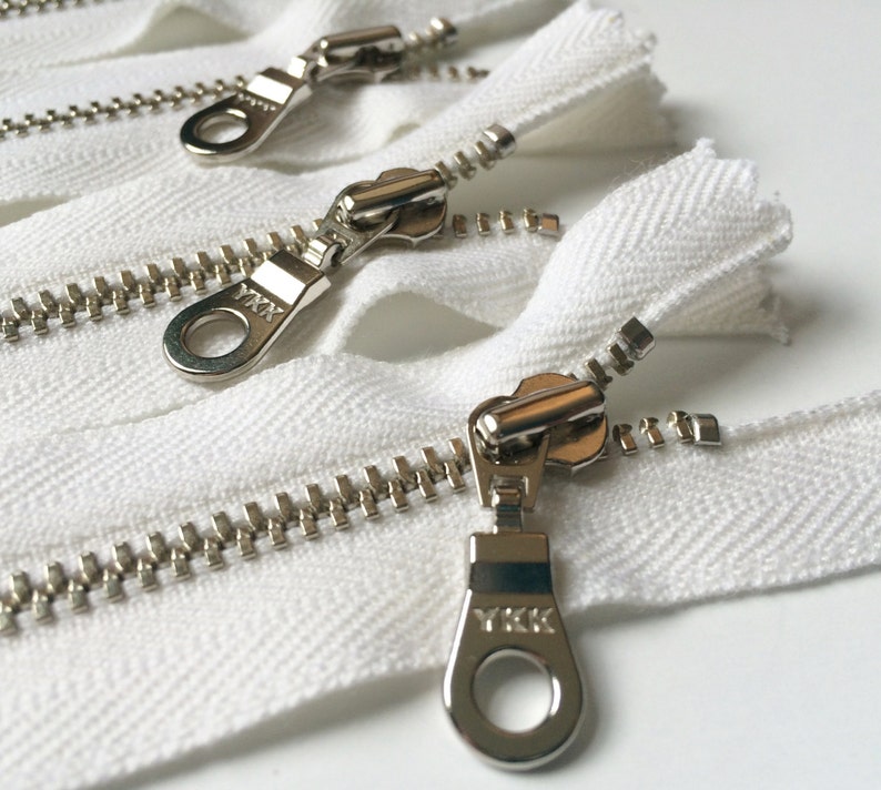 YKK Organic Nickel Metal Zipper Donut Pull White 5 Pieces Eco Friendly Available in 4,5,6,7,8,9,10,11,12,14, 16,18,20 and 22 Inches image 3
