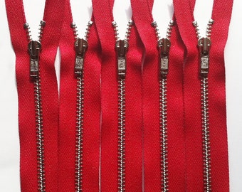 Metal Zippers- YKK closed bottom nickel teeth zips- (5) pieces - Red 519- available in 5,6,7,12, 14,16 and 18 inch