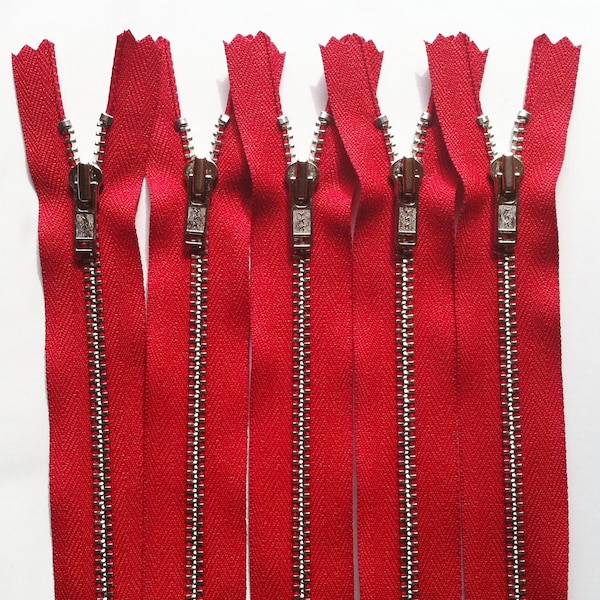 Metal Zippers- YKK closed bottom nickel teeth zips- (5) pieces - Red 519- available in 5,6,7,12, 14,16 and 18 inch