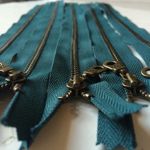 YKK Metal Teeth Zippers Dark Teal Color 390 Antique Brass Donut Pull 5 Pieces Available in 7,9,10,11, and 14 Inches image 5