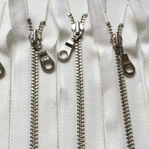 YKK Organic Nickel Metal Zipper Donut Pull White 5 Pieces Eco Friendly Available in 4,5,6,7,8,9,10,11,12,14, 16,18,20 and 22 Inches image 1