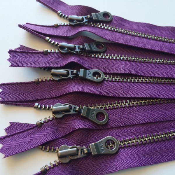 Metal Teeth Zippers- YKK Antique Brass Donut Pull Number 4.5s- 5 pc Eggplant Purple 265- Available in 4,5,6,7,8,9,10,11,12,14 or 18 inch