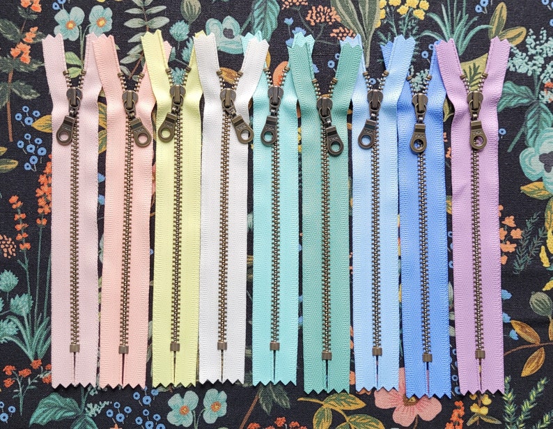 New Bloom 9pc Sampler Set Metal Teeth Zippers YKK Antique Brass Donut Pull 4.5s Available in 6,8, and 18 inches image 3