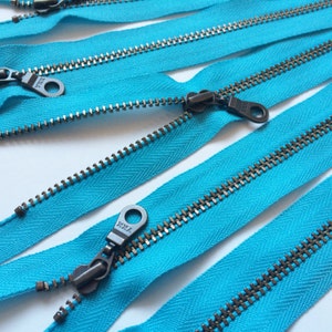 Metal Teeth Zippers- YKK Antique Brass Donut Pull Number 4.5s- 5 pc Parrot Blue 547- Available in 4,5,6, 7, 8,9, 10,11, 12,14 and 18 inches