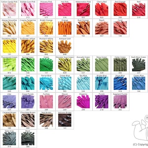 May include: A chart of 8-inch zipper colors and styles. The chart includes a variety of colors, including red, orange, yellow, green, blue, purple, brown, and gray. Each color is represented by a pile of zippers. The chart also includes the color name and a number for each color.