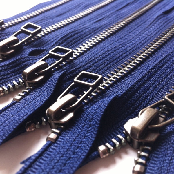 Clearance Sale - YKK metal zippers - antique brass finish DHR style pull- (5) pieces - Navy 919- Available in 7,8,9,10,12,14, and 16 inches