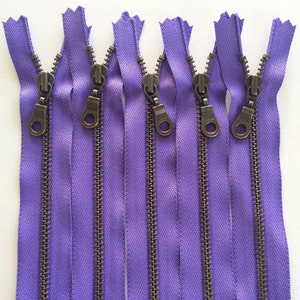 Metal Teeth Zippers- YKK Antique Brass Donut Pull Number 4.5s- 5 pc Grape Purple 281- Available in 4,5,6,7,8,9,10,11,12,14 and 18 inches