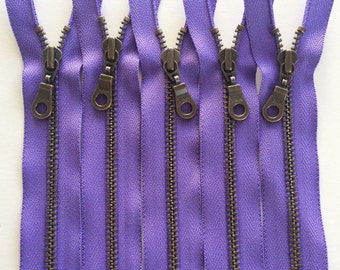 Metal Teeth Zippers- YKK Antique Brass Donut Pull Number 4.5s- 5 pc Grape Purple 281- Available in 4,5,6,7,8,9,10,11,12,14 and 18 inches