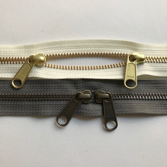 One YKK Metal Zipper with Two Long Pull Head to Head Sliders- 502 Ivory  with Brass OR 860 Gun Metal with Antique Brass- 22 inch