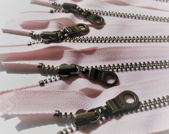 YKK Metal Teeth Zippers- Cotton Candy Pink -Antique Brass Donut Pull -Color 511- 5 Pieces- Available in 6 and 10 Inch