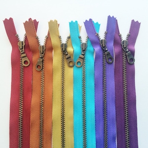 Metal Teeth Zippers- YKK Antique Brass Donut Pull 4.5s- 6 pc Jewel Tones Sampler Set- Available in 4,5,6,7,8,9,10,11,12,14 and 18 inches