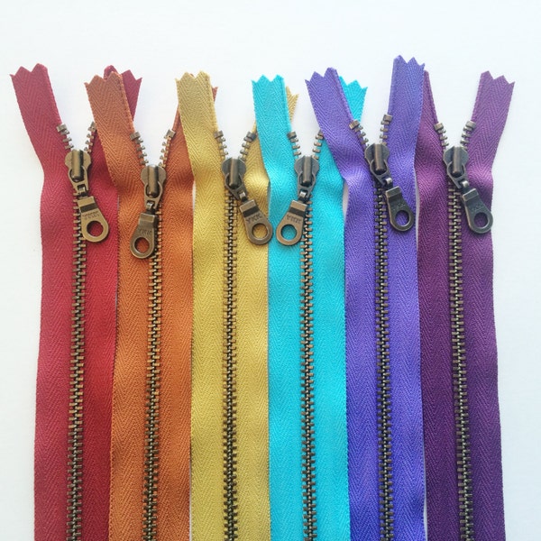 Fermetures à glissière avec dents en métal - Poignée YKK en laiton antique, 4,5 pcs - Ensemble d'échantillons de tons de bijoux 6 pièces - Disponible en 4,5,6,7,8,9,10,11,12,14 et 18 pouces