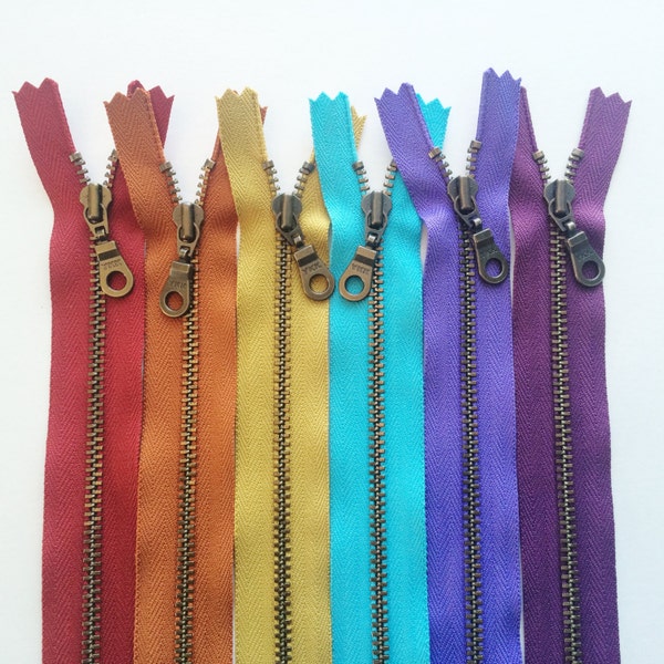 Metal Teeth Zippers- YKK Antique Brass Donut Pull 4.5s- 6 pc Jewel Tones Sampler Set- Available in 4,5,6,7,8,9,10,11,12,14 and 18 inches