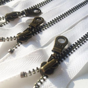 YKK Zippers Antique Brass Donut Pull Metal Zipper 501 White 5 Pieces Available in 4,5,6,7,8,9,10,12,14, and 18 inches image 2