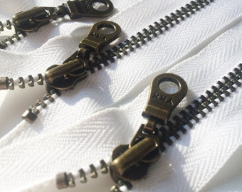 YKK Zippers- Antique Brass Donut Pull Metal Zipper- 501 White- (5