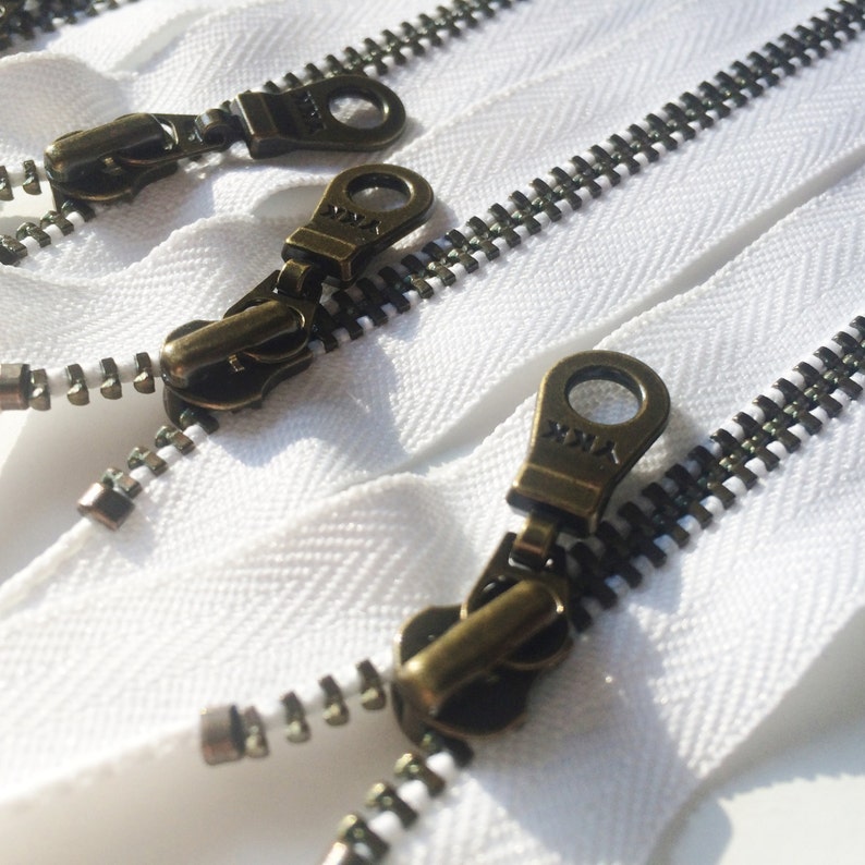 YKK Zippers Antique Brass Donut Pull Metal Zipper 501 White 5 Pieces Available in 4,5,6,7,8,9,10,12,14, and 18 inches image 2