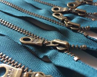 YKK Metal Teeth Zippers- Dark Teal Color 390- Antique Brass Donut Pull- 5 Pieces- Available in 7,9,10,11, and 14 Inches