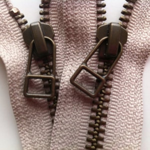 YKK metal zippers with antique brass finish and DHR Wire style pull- (5) pieces - Beige 572- available in 4,5,7,8,9,10,12,14 Inch
