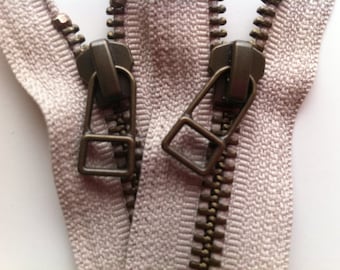 YKK metal zippers with antique brass finish and DHR Wire style pull- (5) pieces - Beige 572- available in 4,5,7,8,9,10,12,14 Inch