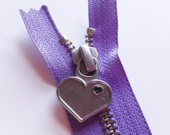 Metal Teeth 12 Inch Zippers with Special Heart Pull - YKK- 1 Piece- Lavender 553