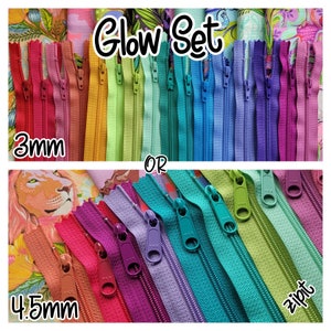 New GLOW YKK Zipper Sampler Set  - bright fun colors to match your favorite fabrics- available in 3mm standard coil and 4.5 long pull