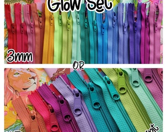 New GLOW YKK Zipper Sampler Set  - bright fun colors to match your favorite fabrics- available in 3mm standard coil and 4.5 long pull