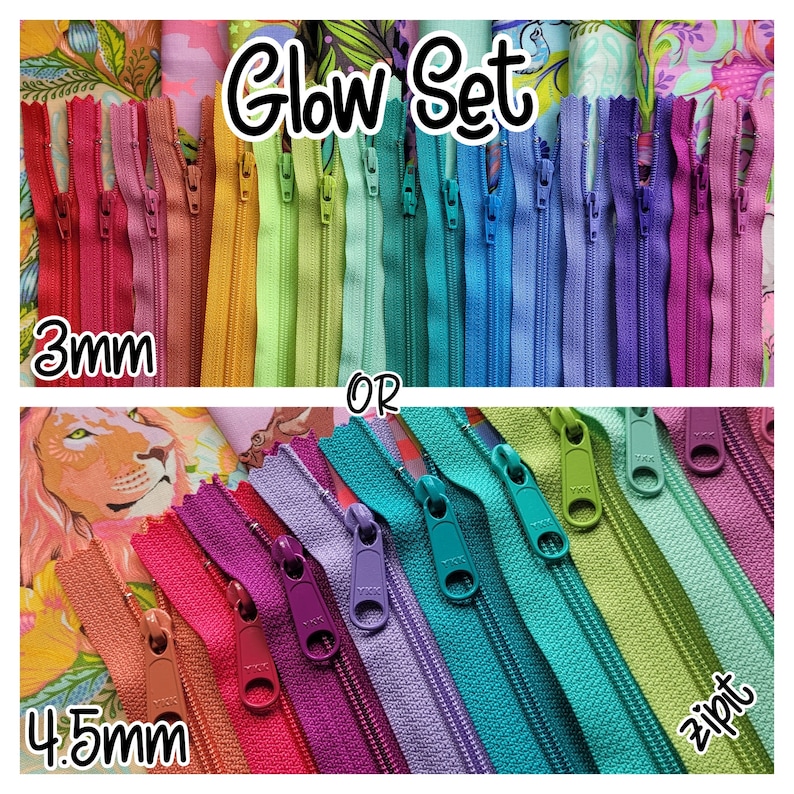 May include: A set of glow-in-the-dark zippers in various colours. The zippers are available in two sizes: 3mm and 4.5mm. The text "Glow Set" is written in white on a black background.
