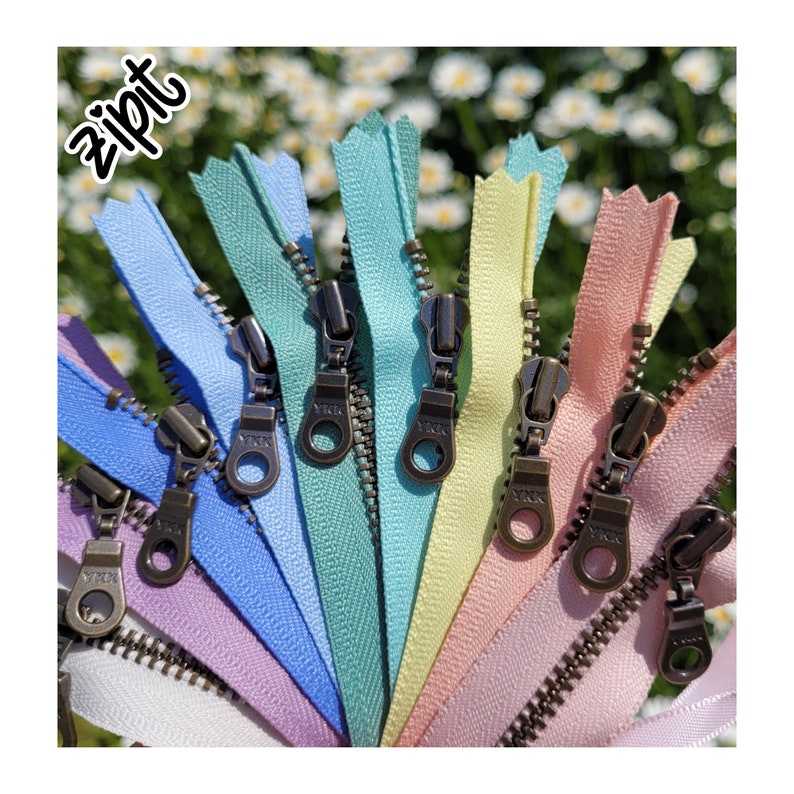 New Bloom 9pc Sampler Set Metal Teeth Zippers YKK Antique Brass Donut Pull 4.5s Available in 6,8, and 18 inches image 1