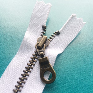 YKK Zippers Antique Brass Donut Pull Metal Zipper 501 White 5 Pieces Available in 4,5,6,7,8,9,10,12,14, and 18 inches image 4