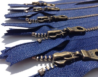 YKK Metal Teeth Zippers-  Dark Blue Antique Brass Donut Pull-Color 919 Navy- 5 Pieces- Available in 6,7,8,9,10, 11 and 14 inches