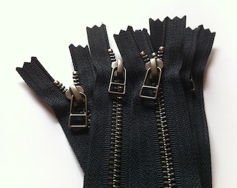 YKK metal zippers with antique brass finish and DHR Wire style pull- (5) pieces - Black 580- available in 4,5,7,8,9,10,12,14,16,18 Inch